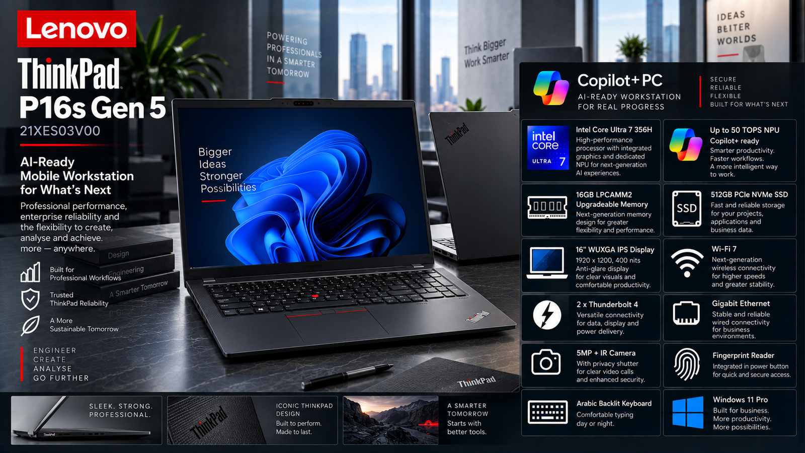 Lenovo ThinkPad P16s Gen 5 21XES03V00 Copilot+ AI Mobile Workstation, Intel Core Ultra 7 356H, 16GB LPCAMM2 LPDDR5X, 512GB PCIe 5.0 NVMe SSD, 16-inch WUXGA IPS 60Hz, Intel Graphics, Windows 11 Pro, Wi-Fi 7, Backlit Arabic Keyboard, Black | 21XES03V00
